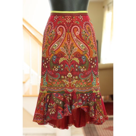 ETRO Red Paisley Asymmetrical Ruffled Bottom Skirt - Picture 1 of 3